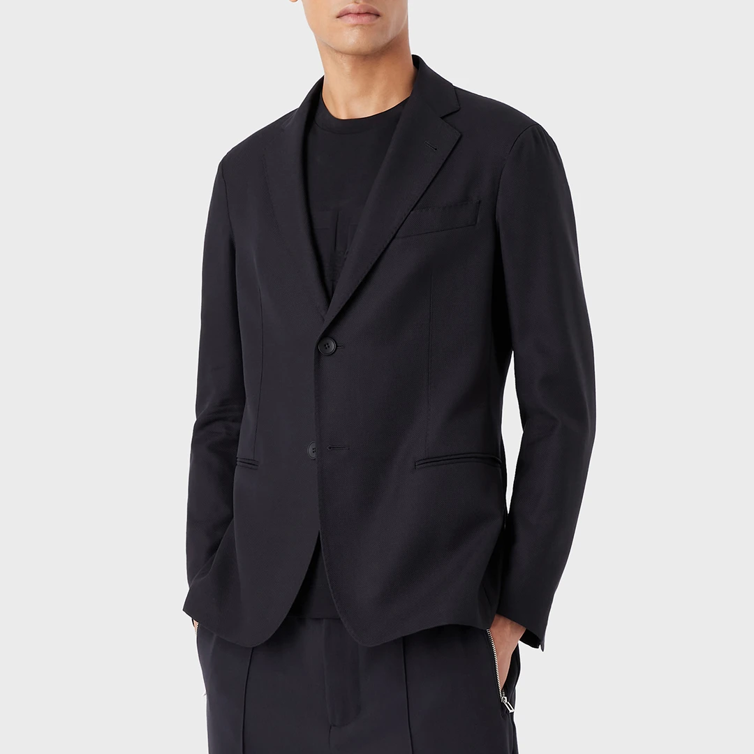 Black Single Breasted Wool Blend Blazer - Navy