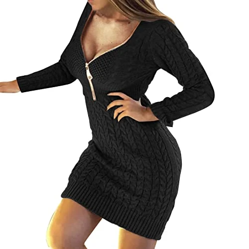 Black Skater Dress Long Sleeve Plus Size Long Sleeve Plus Size Long Jumper Dresses for Women UK Womens Tunic Jumpers Gifts for Women Womens Winter Dresses Knit Dress Lightning Deals of The Day