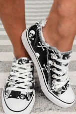 Black Skull Print Lace-up Canvas Trainers - BLACK / / 100%PVC PLASTIC