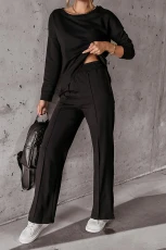 Black Solid Pullover and Seamed Casual Pants Set - BLACK / / 70%POLYESTER+%COTTON