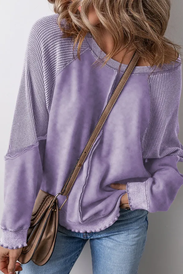 Black Solid Waffle Knit Patchwork Raglan Sleeve Sweatshirt - Orchid Petal / L