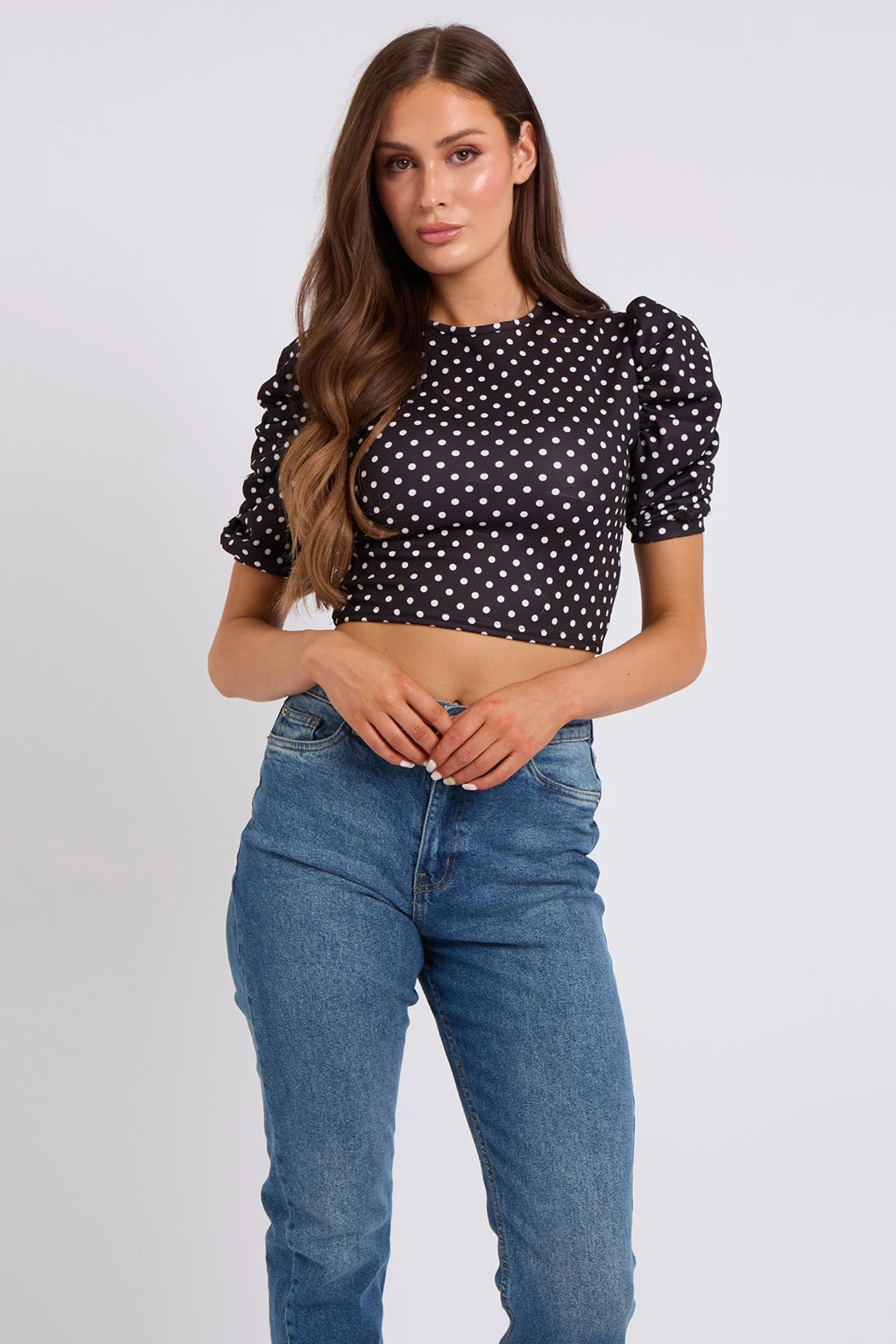 Black Spot Puff Sleeve Crop Top /