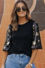 Black Star Sequin Splicing Half Sleeve Top - BLACK / / 93%VISCOSE+%ELASTANE