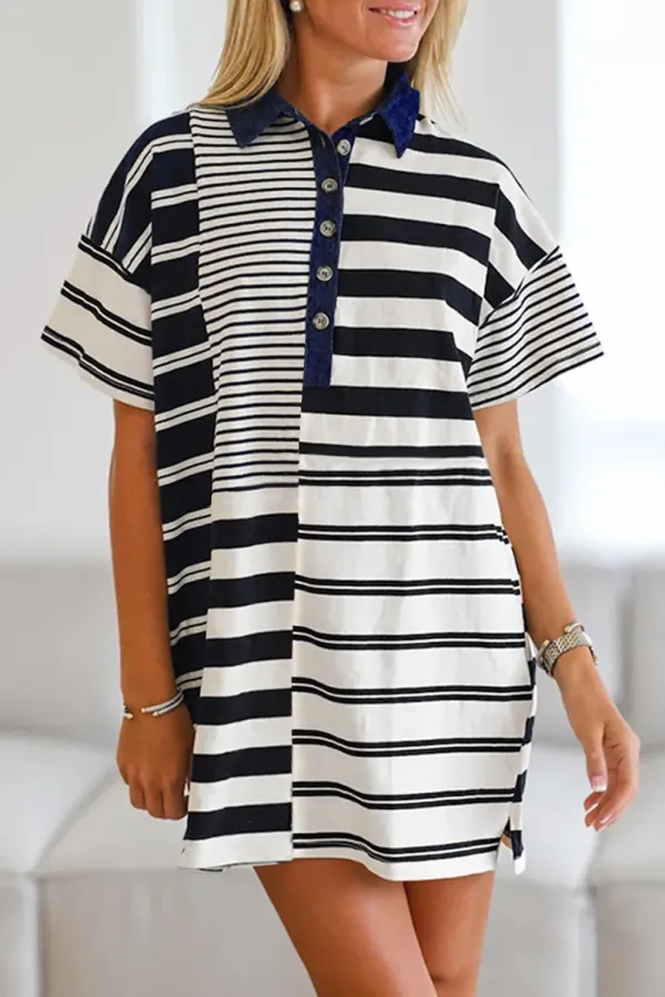 Black Stripe Half Placket Polo T Shirt Dress - Black Stripe / / 95%Cotton+%Elastane - Black Stripe