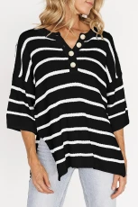 Black Stripe Henley Buttoned Placket Drop Shoulder Bracelet Sleeve Knit Sweater Tee - Black Stripe / / 100%Viscose