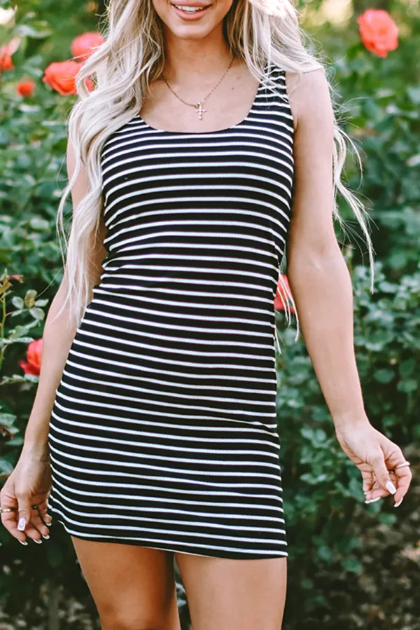 Black Stripe Ribbed Knit Sleeveless Mini Dress - BLACK STRIPE / / 95%POLYESTER+%ELASTANE - BLACK STRIPE