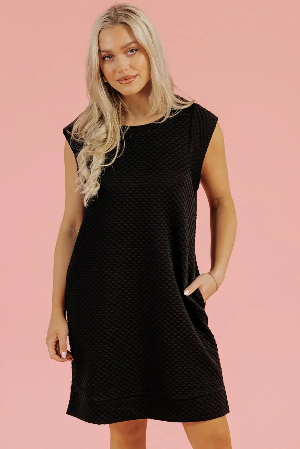 Black Textured Cap Sleeve T-shirt Shift Mini Dress - Black / / 97%Polyester+%Elastane - Black
