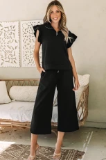 Black Textured Flutter Sleeve Top Wide Leg Trousers Set Co-ord - Black / / 95%Polyester+%Elastane