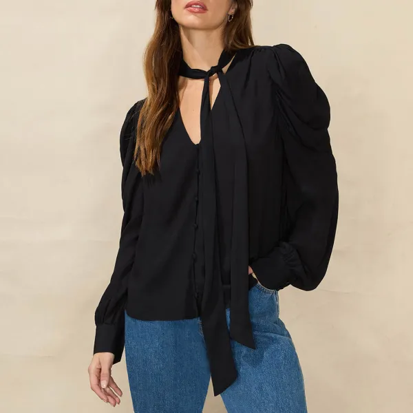 Black Tie Neck Blouse - Black