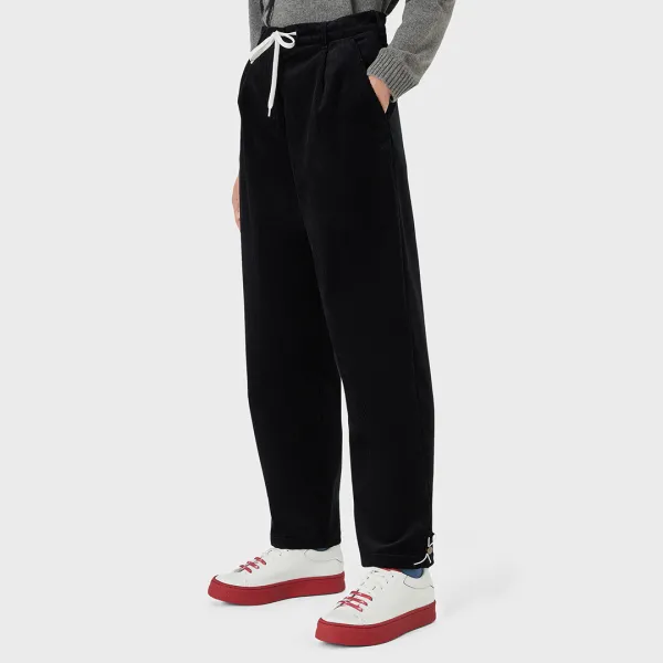 Black Tie Waist Cotton Blend Trousers - Blue