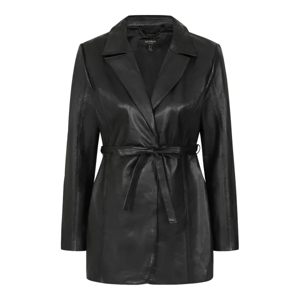 Black Tie Waist Leather Blazer - Black