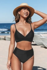Black Twisted Front Bralette And Asymmetric High Waist Bikini Swimsuit Black Twisted Front Bralette And Asymmetric High Waist Bikini Swimsuit