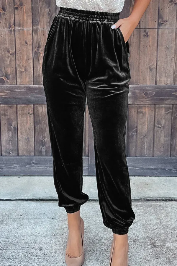 Black Velvet Jogger Trousers - Black / L / 95%Polyester+5%Elastane