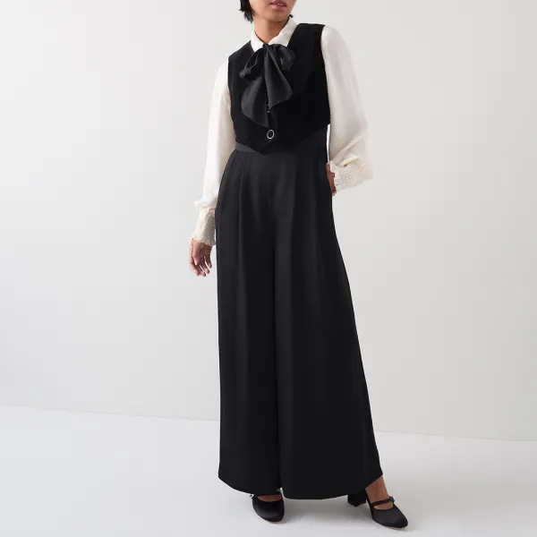 Black Velvet Waistcoat Petite Jumpsuit - Black
