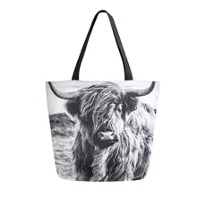 Black White Highland Cattle Cow Canvas Tote Bag Women Large Shoulder Bag Reusable Grocery Shopping Bag Handbag Girls Purse Gift