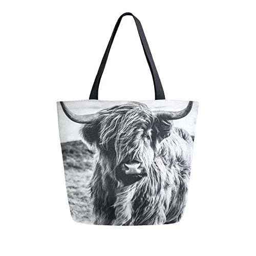 Black White Highland Cattle Cow Canvas Tote Bag Women Large Shoulder Bag Reusable Grocery Shopping Bag Handbag Girls Purse Gift