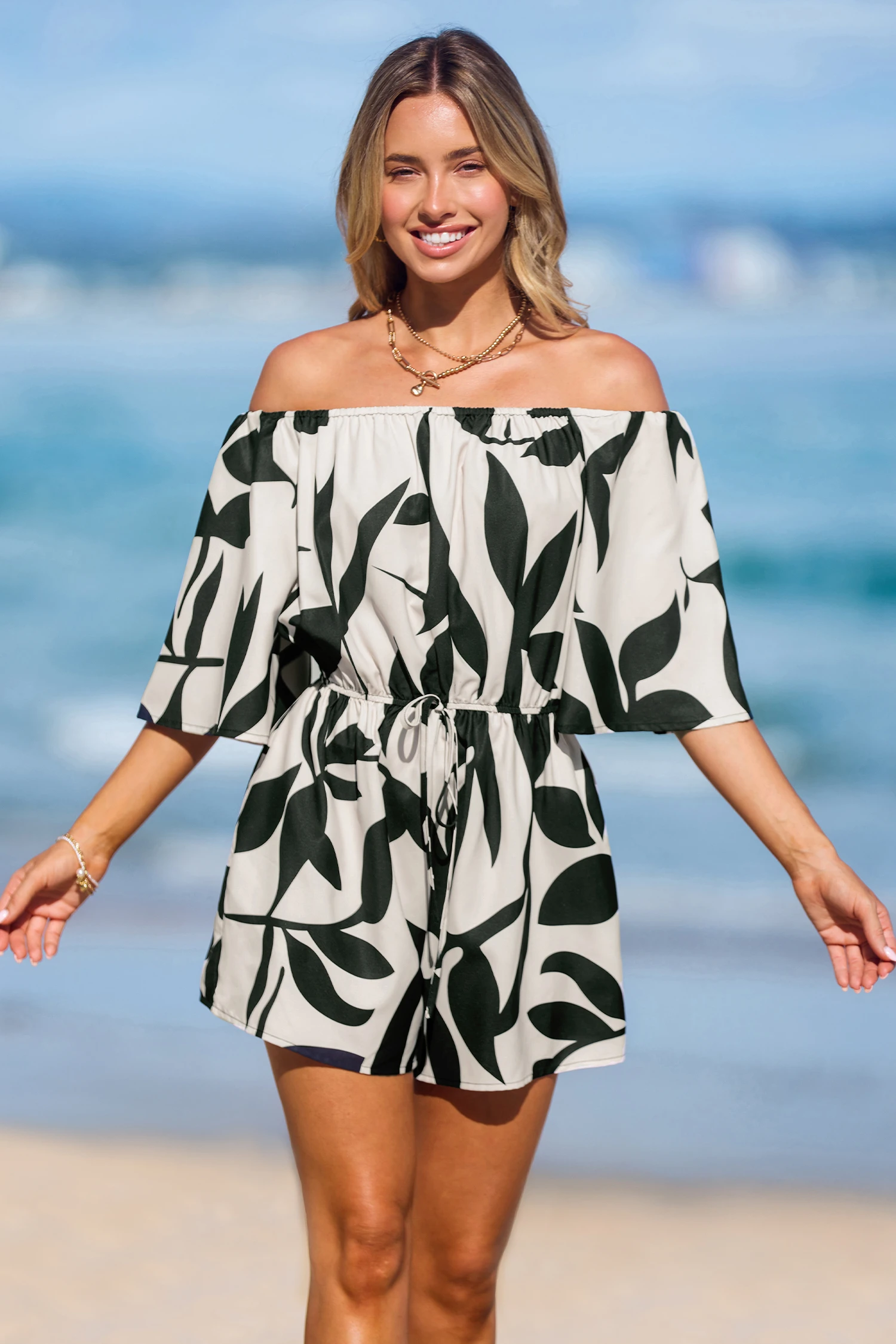 Black & White Tropical Off houlder Wide Leg Playsuit