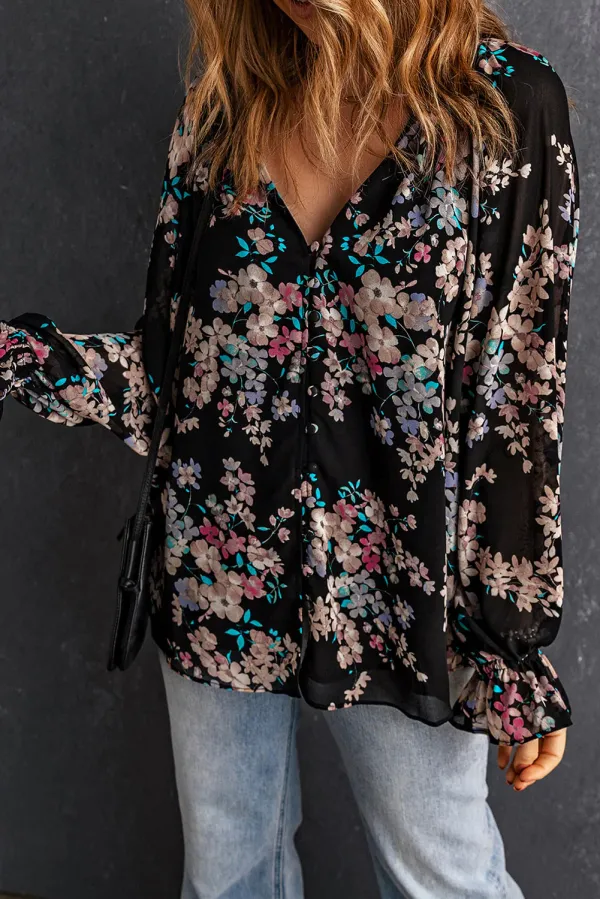 Black Wildflower Print Chiffon Blouse - BLACK / / 100%POLYESTER - BLACK