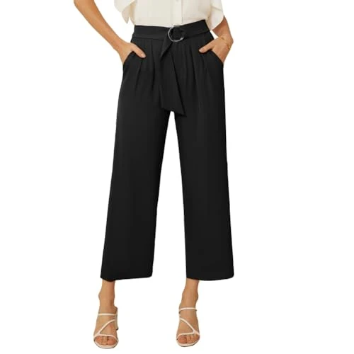 Black Work Trousers Ladies Cropped Trousers for Summer Elegant Straight Leg Work Casual Trousers wit