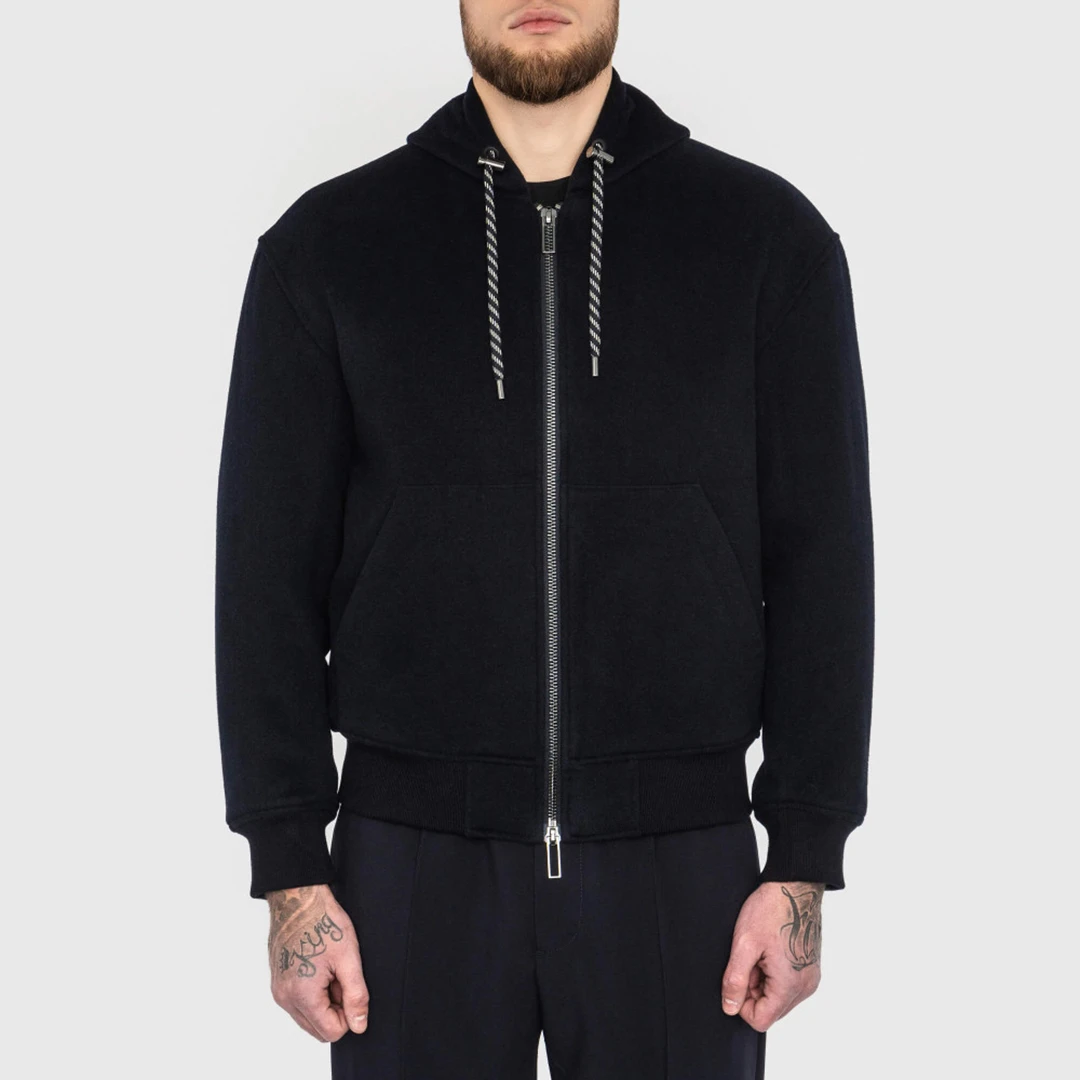 Black Zip Cashmere Blend Hoodie - Navy