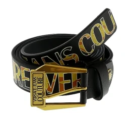 Black/Gold Signature Buckle Lettering Print Leather Adjustable Belt- for Mens, Black/Gold, 42