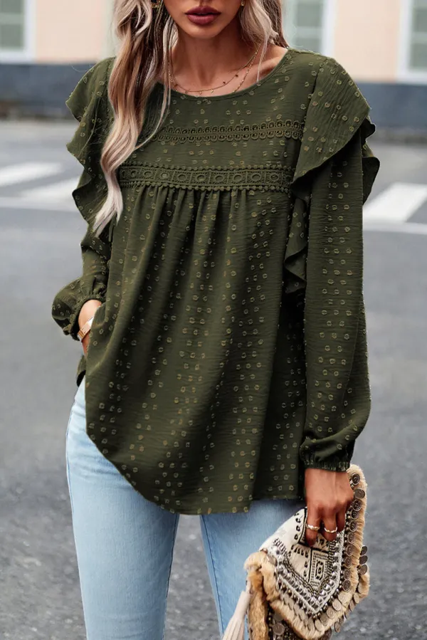 Blackish Green Lace Eyelet Ruffle Shoulder Long Sleeve Blouse - BLACKISH GREEN / / 100%POLYESTER - BLACKISH GREEN