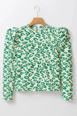 Blackish Green Leopard Print Mock Neck Puff Sleeve Top - BLACKISH GREEN / / 95%POLYESTER+%ELASTANE Blackish Green Leopard Print Mock Neck Puff Sleeve Top - BLACKISH GREEN / / 95%POLYESTER+%ELASTANE