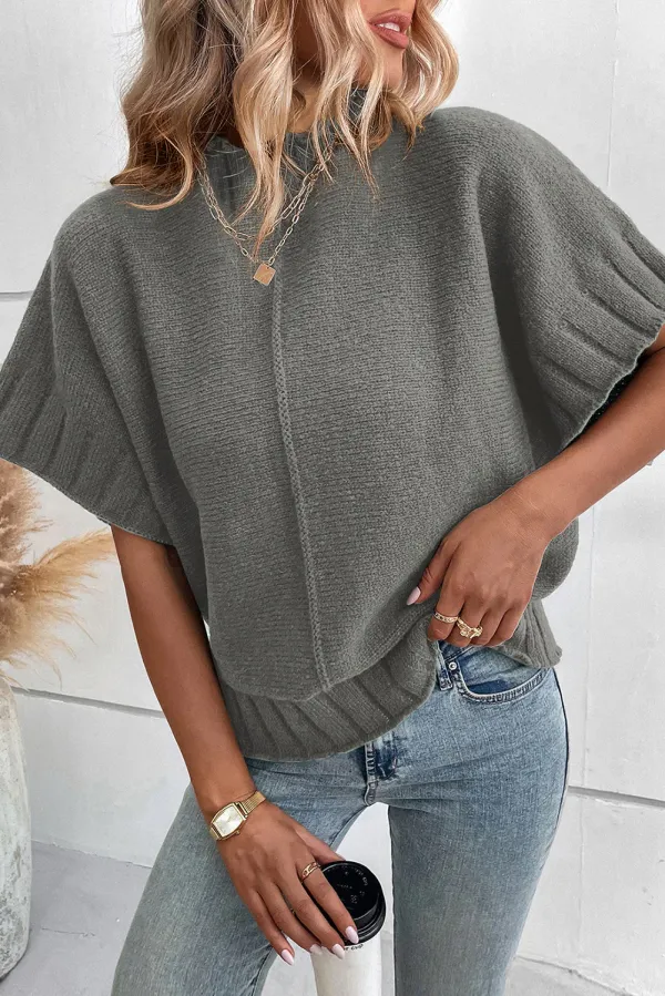 Blackish Green Mock Neck Batwing Short Sleeve Knit Sweater - MEDIUM GREY / / 65%ACRYLIC+%POLYAMIDE