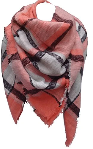 Blanket Scarf Warm Winter Womens Ladies Tartan Square Plaid Check Wrap Shawl (Coral-SQ7054)