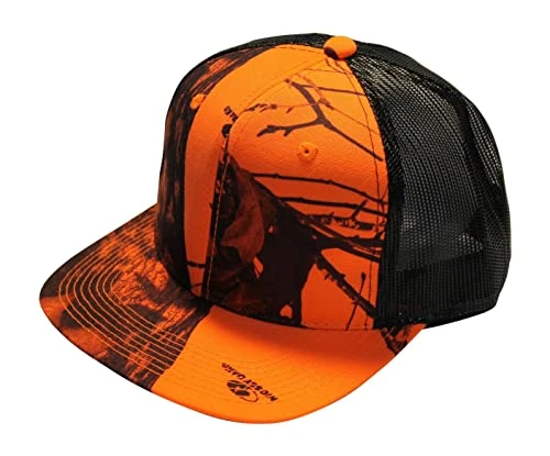 Blaze Cap Orange Camo Trucker Hat Mesh Snapback with Wicking Sweatband CF2 Curved or Flat Brim Visor Bend to Taste or Wear Flat