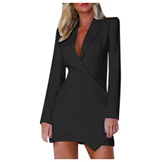 Blazer Dress Women's Elegant Winter Wrap Dress Women's Elegant Midi V-Neck Business Oil Dresses Ruffled Business Clothing Plain Evening Dresses Lapel Collar Cocktail Dress Sexy Pencil Dress, black, S