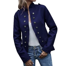 Blazer Women's Elegant Short Blazer Women's Sporty Cotton Double Breasted Suit Jacket Stand-Up Collar Jacket Front Open Office Jackets Military Style Blazer Jacket Plain Button Suit Temperament
