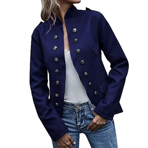 Blazer Women's Elegant Short Blazer Women's Sporty Cotton Double Breasted Suit Jacket Stand-Up Collar Jacket Front Open Office Jackets Military Style Blazer Jacket Plain Button Suit Temperament