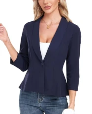 Blazers for Women Business Casual Open Front 3/4 Sleeve Blazer Ruffle Hem Work Office Jackets for Ladies Navy Blue