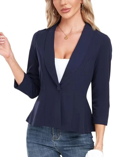 Blazers for Women Business Casual Open Front 3/4 Sleeve Blazer Ruffle Hem Work Office Jackets for Ladies Navy Blue