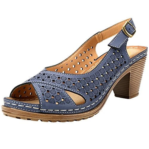 Block Heel Cut-out Vamp Peep Toe Slingback Women’s Sandals Dark Blue 7 UK / 40 EU