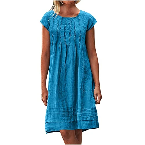 Blouse Dress Women's Summer Linen Mini Dress Knee-Length A Line Dress Round Neck Short Sleeve Summer Dress Lightweight Vintage Linen Dresses Fashion Plain Beach Dresses High Waist Pleated Dresses,