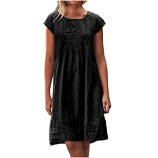 Blouse Dress Women's Summer Linen Mini Dress Knee-Length A Line Dress Round Neck Short Sleeve Summer Dress Lightweight Vintage Linen Dresses Fashion Plain Beach Dresses High Waist Pleated Dresses,
