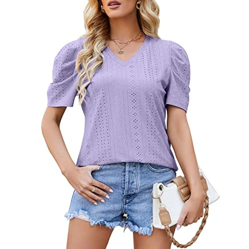 Blouse Short Sleeve Women's T-Shirt V Neck Elegant Summer Tops Puff Sleeve Blouse Summer Blouse Peta