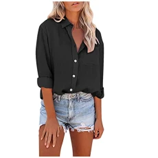 Blouse Women's Elegant Long Sleeve Plain Long Sleeve Lapels Casual T-Shirt Tops Shirt Women's Blouses Slip Blouse Sweatshirt Tunic, black, S