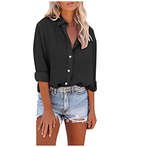 Blouse Women's Elegant Long Sleeve Plain Long Sleeve Lapels Casual T-Shirt Tops Shirt Women's Blouses Slip Blouse Sweatshirt Tunic, black, S
