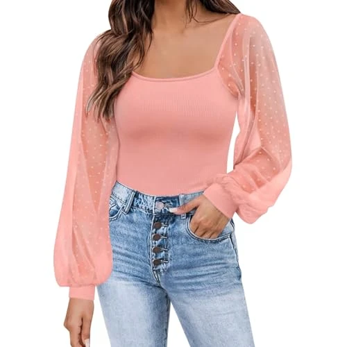 Blouse Women's Elegant Sexy Black Transparent Women's Mesh Shirt with Long Sleeves, Fashionable Patchwork Shirt, Casual Top, Pullover, Backless Women, pink, XXL