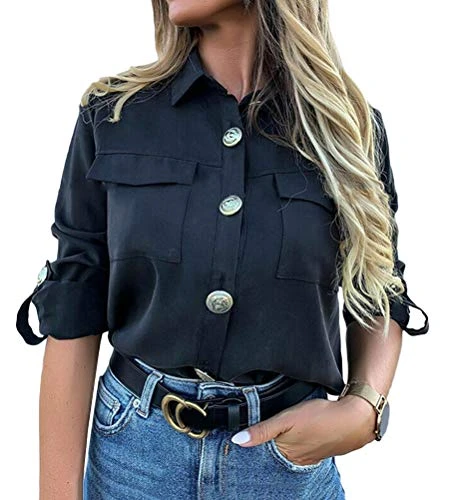 Blouse Women's Long Sleeve Blouse Casual Button Down V Neck Solid Color Tunic Polo Tops Shirts with 