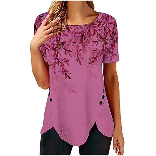 Blouses for Women UK Sale Summer Fashion Printed Loose Fit T-shirt Buttons Short Sleeves Round-Neck Casual Tee Tops Holiday Comfortable Irregular Hem Tops for Outdoor New