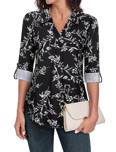 Blouses for Women UK, Winter Trendy Work Tops Casual V Neck T Shirts Ladies Blouse Long Sleeves with Button Cuffs Black-Small