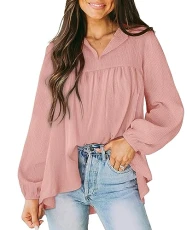 Blouses for Womens Ladies Tops Long Sleeve Tops Shirt Womens Polo V Neck Tops Long Sleeve ShirtsSize 10-12 Pink Basic 3