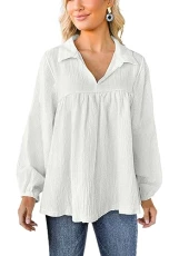 Blouses for Womens Ladies Tops Long Sleeve Tops Shirt Womens Polo V Neck Tops Long Sleeve ShirtsSize 18-20 White Basic 2
