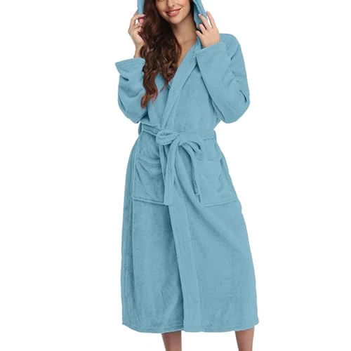 Blouses Night for Women Soft Plush Long Flannel Sleepwear Hooded Bathrobe Plush Long Warm Robe Tops 4x Women (Blue, L)