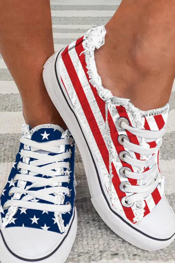 Blue American Flag Lace-up Canvas Flat Shoes - Blue2 / One Size / Pu Leather