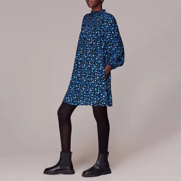 Blue Blurred Floral Trapeze Dress - Blue